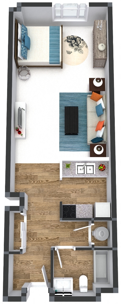 Floor plan for studio, 1 bath, 588 sqft